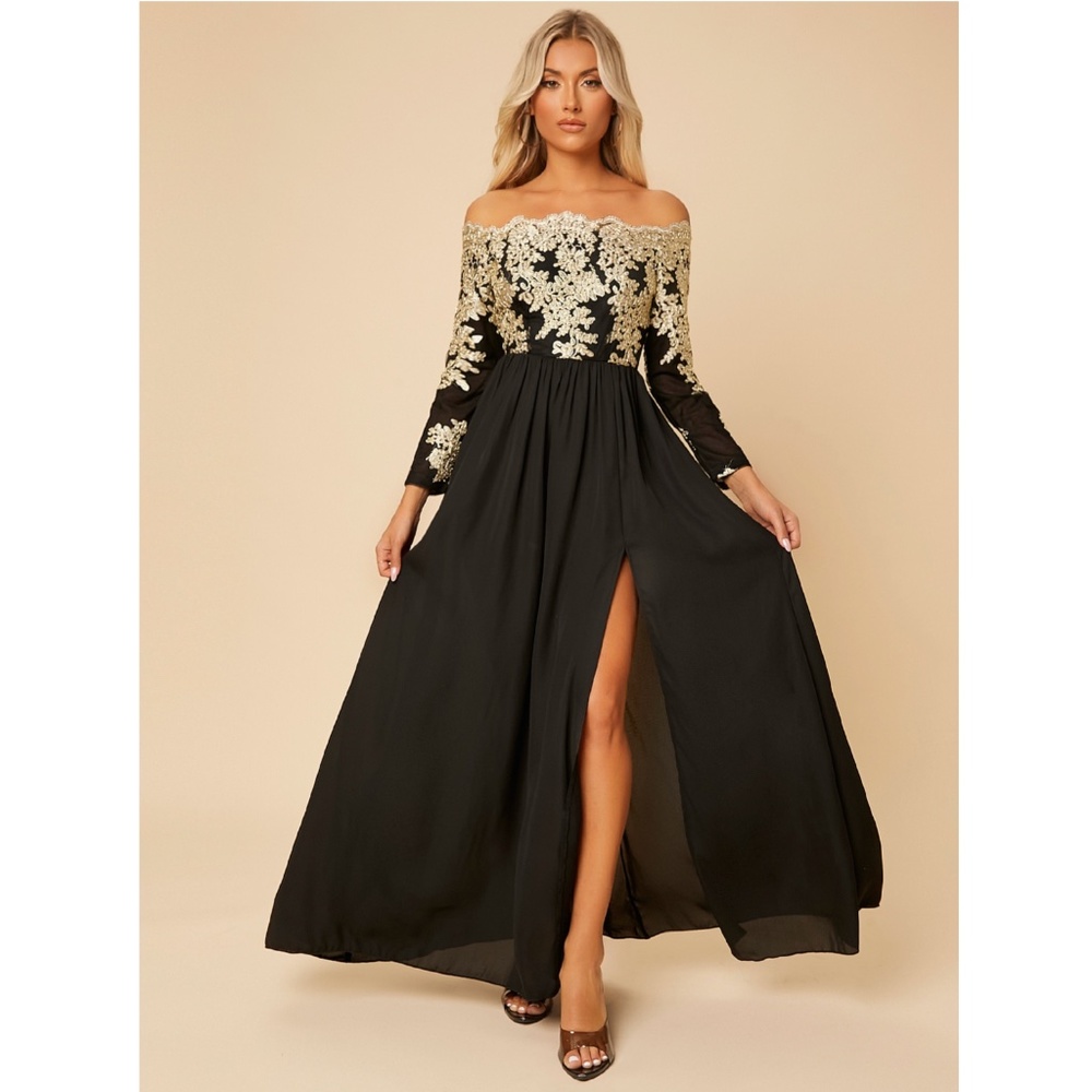 Off Shoulder Embroidered High Slit Maxi Dress Black Gold Long Sleeve - Picture 8 of 16